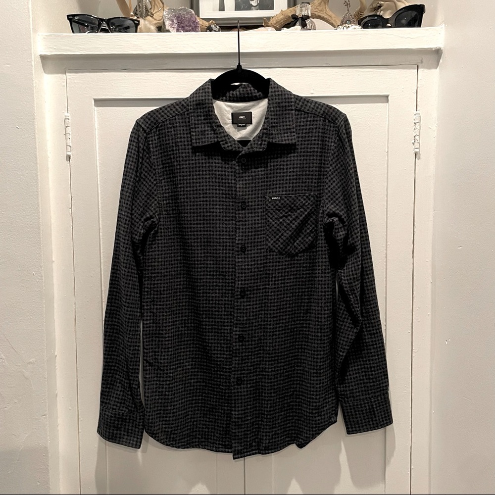 OBEY grey checkered flannel button up shirt NWOT